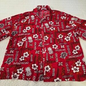 Studio 35 Mens Hawaiian Shirt Red Rayon Tropical Turtle Pineapple Surfboard XL